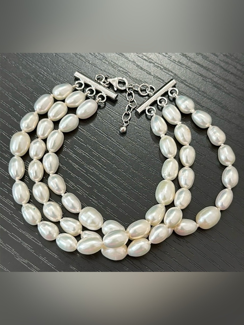 Hand Knotted 3-Strand Pearl 925 Silver Clasp NF Signed Toggle Clasp VTG Bracelet